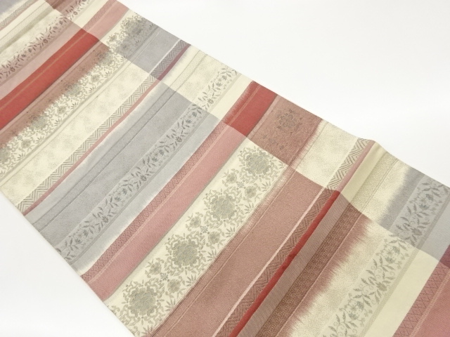 JAPANESE KIMONO / HORIZONTAL-STRIPED FUKURO OBI / WOVEN FLORAL / PLANT